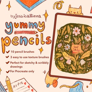 Puede incluir: Una ilustración digital de una pantalla de tableta con un gato en un campo de flores. El texto "yummy pencils" está escrito en un estilo colorido y dibujado a mano con un lápiz debajo. El texto "10 pencil brushes", "3 easy to use texture brushes", "Perfect for sketchy & scribbly drawings", y "For Procreate only" están listados debajo del título.