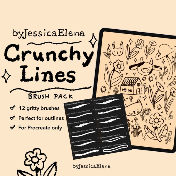 Crunchy Lines Procreate Brush Pack, strukturierte Farbpinsel für knusprige Konturen