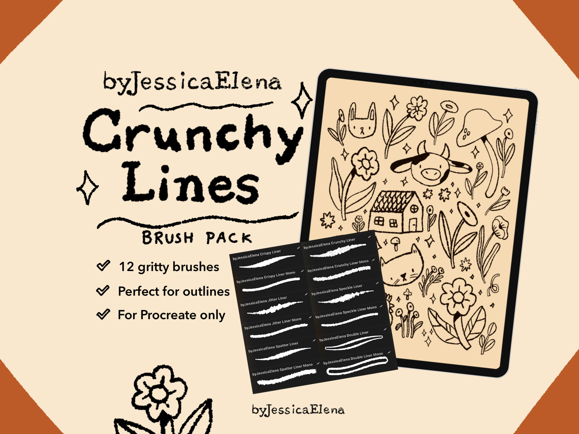 Paquete de pinceles para Procreate Crunchy Lines – Trazos de entintado texturizado y monolinea para contornos nítidos por Jessica Elena