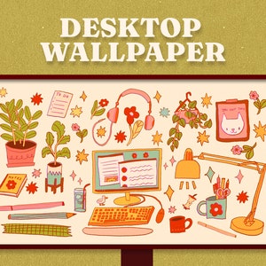 Puede incluir: Una ilustración digital de un espacio de trabajo de escritorio con una computadora, un teclado, un ratón, plantas, una lámpara y otros suministros de oficina. El fondo es de color beige claro con un borde rojo. El texto "DESKTOP WALLPAPER" está en la parte superior de la imagen.