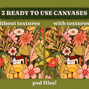 May include: Two digital art canvases featuring a whimsical illustration of a house in a field of flowers. The left canvas is without textures, while the right canvas has a textured effect. Both canvases are labeled "psd files!"