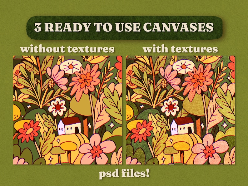 May include: Two digital art canvases featuring a whimsical illustration of a house in a field of flowers. The left canvas is without textures, while the right canvas has a textured effect. Both canvases are labeled "psd files!"