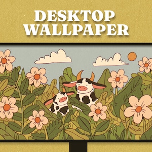 Sfondo per il desktop di una mucca carina e accogliente, disegno digitale caldo, hygge, cottagecore. Download istantaneo!