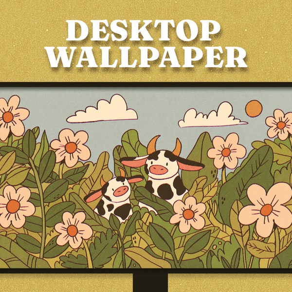 Acogedor fondo de pantalla de escritorio de vaca linda, cálido, hygge, dibujo digital cottagecore. ¡Descarga instantánea!