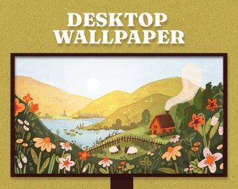 Accogliente sfondo per il desktop del cottage in collina, sfondo del paesaggio, caldo, hygge, disegno digitale Cottagecore. Download istantaneo!