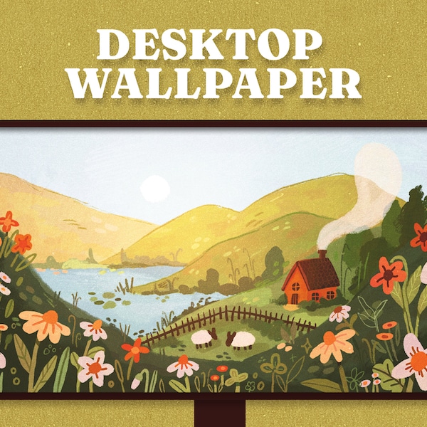 Cozy Hillside Cottage Desktop Wallpaper, Landscape Wallpaper, Warm, Hygge, Cottagecore Digital Drawing. Instant Download!