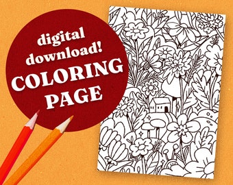 Printable Nature Cottagecore Coloring Page! Adult Coloring Page, Cottagecore Aesthetic, lots of flowers!