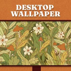 Sfondo desktop accogliente con foresta autunnale, sfondo con funghi, caldo, hygge, disegno digitale cottagecore. Download immediato!