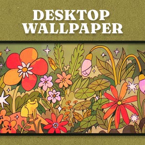 May include: A colorful desktop wallpaper featuring a vibrant floral design with a frog. The artwork includes large orange and red flowers, pink and orange blooms, and green foliage. The words "DESKTOP WALLPAPER" are at the top.