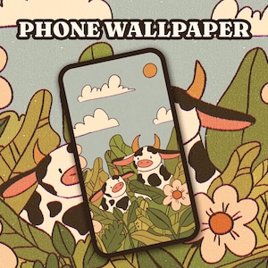 Sfondo per telefono con una mucca carina e accogliente, caldo, hygge, disegno digitale cottagecore. Download immediato!