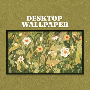 Sfondo desktop primaverile floreale accogliente, caldo, hygge, disegno digitale cottagecore. Download immediato!