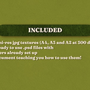 May include: Text on a green background that reads "INCLUDED" followed by a list of items: 10 hi-res jpg textures (A4, A3 and A2 at 300 dpi), 3 ready to use .psd files with layers already set up, and a document teaching you how to use them.