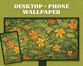 Nasturtium Floral Desktop Wallpaper: Cottagecore Digital Art (Instant Download)