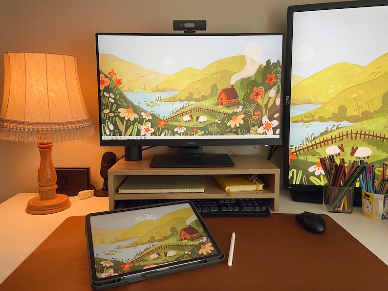 Cozy Hillside Cottage Desktop Wallpaper, Landscape Wallpaper, Warm, Hygge, Cottagecore Digital Drawing. Instant Download image 2