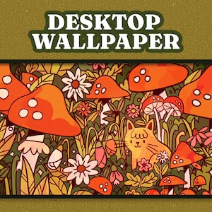 Puede incluir: Fondo de pantalla para escritorio con una ilustración caprichosa de setas naranjas con puntos blancos, flores y un gato amarillo. La obra de arte está ambientada sobre un fondo verde y marrón, con el texto "DESKTOP WALLPAPER" en la parte superior.