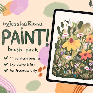 Könnte beinhalten: Eine digitale Illustration eines Tablet-Bildschirms, der ein Blumenmuster mit grünem Hintergrund zeigt. Der Text "byJessicaElena PAINT! brush pack" wird auf der linken Seite des Bildes angezeigt. Der Text "14 malerische Pinsel", "Ausdrucksstark & ​​lustig" und "Nur für Procreate" wird unter dem Haupttext aufgelistet.