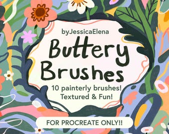 May include: Digital art product advertisement. The image features the text "Buttery Brushes" with the tagline "10 painterly brushes! Textured & Fun!" surrounded by a colorful floral design. The text "FOR PROCREATE ONLY!!" is also included.