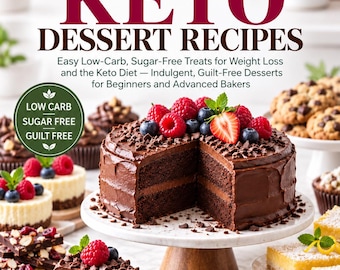 Puede incluir: Una portada de libro de cocina titulada 33 SUPER HEALTHY KETO DESSERT RECIPES que muestra un gran pastel de chocolate con frambuesas, arándanos y una fresa sobre un soporte blanco, rodeado de varios postres keto y texto descriptivo.