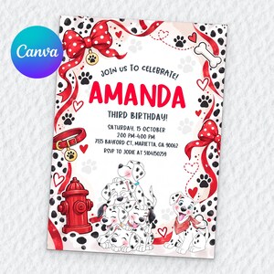 May include: A birthday invitation card featuring a Dalmatian-spotted border, red ribbons, and a red fire hydrant. The text reads: JOIN US TO CELEBRATE! AMANDA THIRD BIRTHDAY! SATURDAY, 15 OCTOBER 2:00 PM-4:00 PM 7135 BAYFORD CT, MARIETTA, GA 90062 RSVP TO JODIE AT 5104150259.