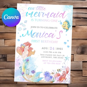 Faire-part de la petite sirène Anniversaire de la petite sirène Fête de la petite sirène Invitation modifiable aquarelle Ariel Fichier imprimable de la petite sirène