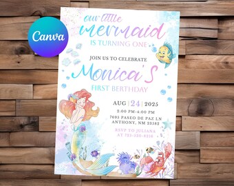 Little Mermaid Invitation Little Mermaid Birthday Little Mermaid Party Ariel Watercolor Editable Invitation Little Mermaid Printable File