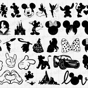 Puede incluir: Imágenes en silueta en blanco y negro de varios personajes de Disney, incluidos Mickey Mouse, Minnie Mouse, Cenicienta y el Rey León. Las imágenes son perfectas para proyectos de manualidades, scrapbooking o crear regalos personalizados.