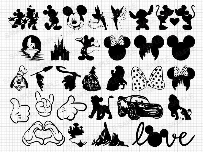 May include: Black and white silhouette images of various Disney characters, including Mickey Mouse, Minnie Mouse, Cinderella, and the Lion King. The images are perfect for crafting projects, scrapbooking, or creating personalized gifts.