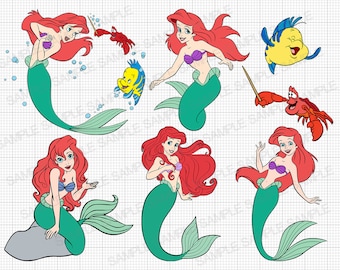 May include: Five illustrations of Ariel, the mermaid princess from Disney's The Little Mermaid. Each illustration features Ariel in a different pose, with her signature red hair and green tail. The illustrations are in a cartoon style and are perfect for crafting projects.