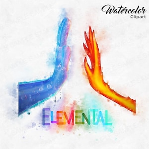Puede incluir: Ilustración de acuarela de dos manos que se acercan la una a la otra. Una mano es azul y la otra es naranja. La palabra "ELEMENTAL" está escrita en colores arcoíris debajo de las manos.