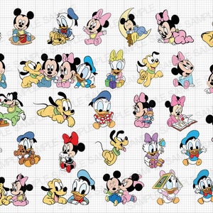 May include: A collection of 36 cartoon character illustrations featuring Mickey Mouse, Minnie Mouse, Donald Duck, Daisy Duck, Goofy, and Pluto. The characters are depicted as babies in various poses and activities, such as playing with toys, reading books, and holding hands.