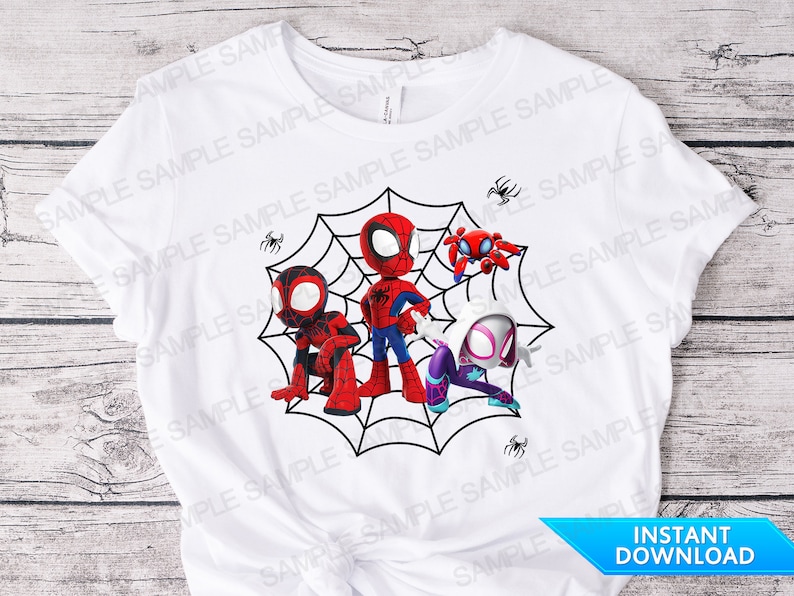May include: White t-shirt with a graphic of four cartoon Spider-Man characters in a web. The characters are red and black with white eyes. The web is black. The text "INSTANT DOWNLOAD" is in blue and white at the bottom of the image.