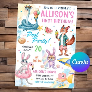May include: A colorful pool party invitation featuring cartoon animals, ice cream, and a watermelon slice. The invitation reads "Allison's First Birthday" and includes the date, time, and location.