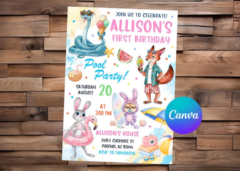 May include: A colorful pool party invitation featuring cartoon animals, ice cream, and a watermelon slice. The invitation reads "Allison's First Birthday" and includes the date, time, and location.