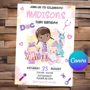 Convite Doc McStuffins Aniversário Doc McStuffins Festa Doc McStuffins Convite Aquarela Editável Doc McStuffins