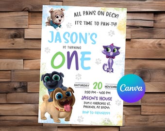 May include: A colorful birthday party invitation with cartoon puppies and a cat. The text reads "All Paws on Deck! It's Time to Paw-ty!" and "Jason's is turning ONE." Includes party details: date, time, and location.