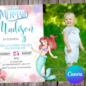 Faire-part de la petite sirène Anniversaire de la petite sirène Fête de la petite sirène Invitation modifiable aquarelle Ariel Fichier imprimable de la petite sirène