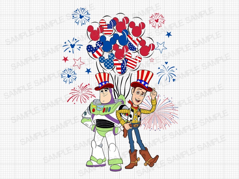 Op de afbeelding: Toy Story-personages Woody en Buzz Lightyear gekleed in patriottische kleding met rood-wit-blauwe Mickey Mouse-ballonnen en vuurwerk op de achtergrond.