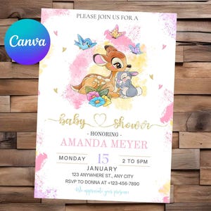 May include: Baby shower invitation featuring a watercolor design with Bambi and Thumper. The invitation includes the text "baby shower" and details for Amanda Meyer's shower, including the date, time, and location.