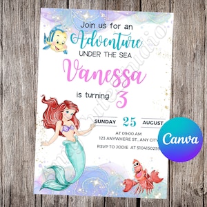 Faire-part de la petite sirène Anniversaire de la petite sirène Fête de la petite sirène Invitation modifiable aquarelle Ariel Fichier imprimable de la petite sirène