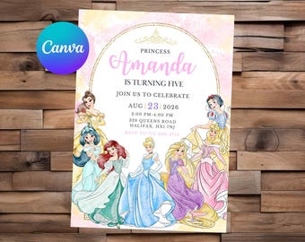 Princess Invitation Princess Birthday Princess Party Princess Invites Princess Watercolor Editable Invitation Princess Printable File