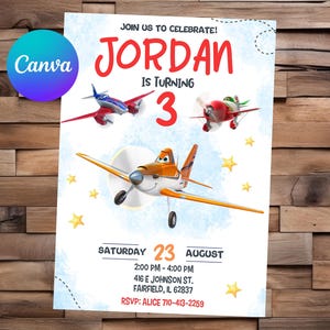 May include: A birthday party invitation featuring cartoon airplanes and the text "JORDAN IS TURNING 3". The invitation includes the date, time, and location of the party, along with an RSVP contact.