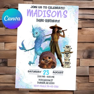 May include: A birthday party invitation featuring characters from a popular animated film. The invitation includes the text "Join us to celebrate! Madisons Third Birthday!" and event details. The Canva logo is in the upper left corner.