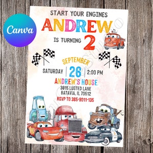 Invitación de autos, cumpleaños de autos, fiesta de autos, acuarela, invitación editable, McQueen invita a autos, archivo imprimible