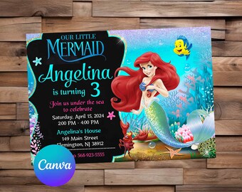 Little Mermaid Invitation Little Mermaid Birthday Little Mermaid Party Ariel Watercolor Editable Invitation Little Mermaid Printable File