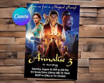Convite de Aladdin, Convite de Aniversário da Princesa Jasmine, Convite Digital para Festa de Aladdin com Jasmine, Convite Editável de Aladdin