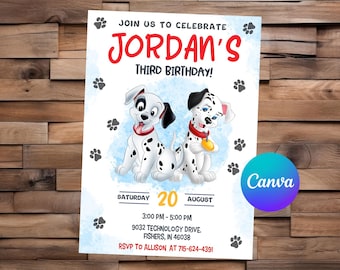 May include: A birthday invitation featuring two Dalmatian puppies with black spots, set against a light blue watercolor background. The invitation reads "Join us to celebrate Jordan's Third Birthday!" with event details.