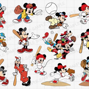 以下が含まれることがあります： 野球をしている12人の漫画キャラクターの集合。キャラクターにはミッキーマウス、ドナルドダック、グーフィー、ミニーマウスが含まれます。キャラクターは野球のユニフォームを着て、バット、グローブ、ボールを持っています。