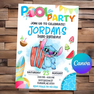 Invitation fête piscine Stitch Lilo et Stitch anniversaire Party Stitch Invitation modifiable fichier numérique Stitch