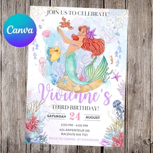 Faire-part de la petite sirène Anniversaire de la petite sirène Fête de la petite sirène Invitation modifiable aquarelle Ariel Fichier imprimable de la petite sirène