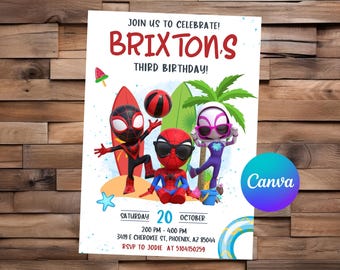 スパイディのプールパーティー招待状、編集可能なCanvaテンプレート、スパイディと彼の素晴らしい仲間たち、夏のビーチ誕生日、サーフボードデジタル